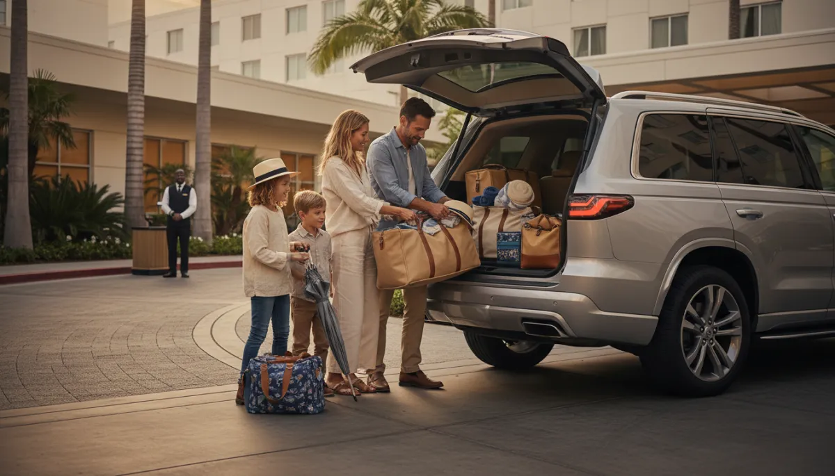 Family loading luggage and beach gear into a rental car outside a Los Angeles hotel