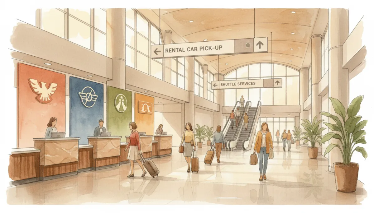 Travelers walking through the modern LAX Rental Car Center with multiple rental counters