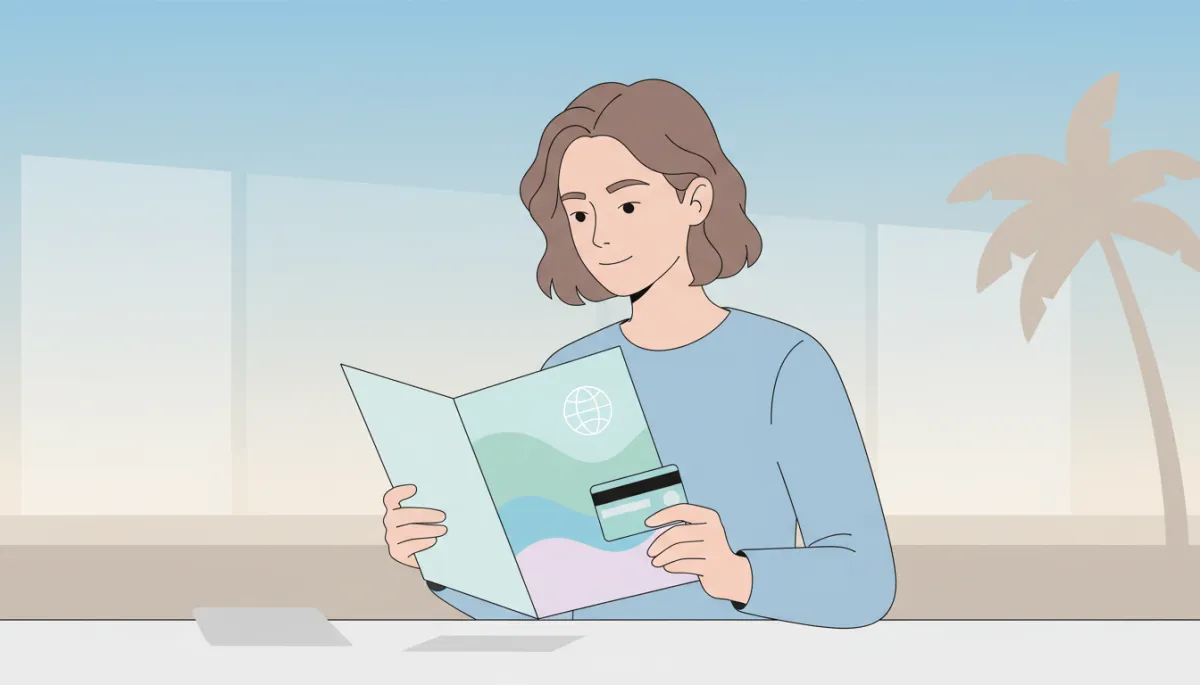 Traveler reviewing rental car insurance options with a credit card at a Los Angeles rental counter Traveler reviewing rental car insurance options with a credit card at a Los Angeles rental counter