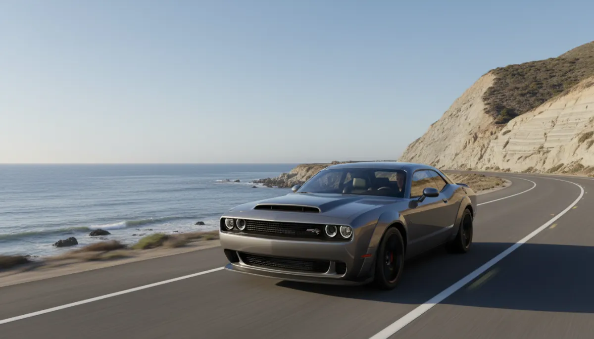 Dodge Challenger cruising along Pacific Coast Highway near Malibu