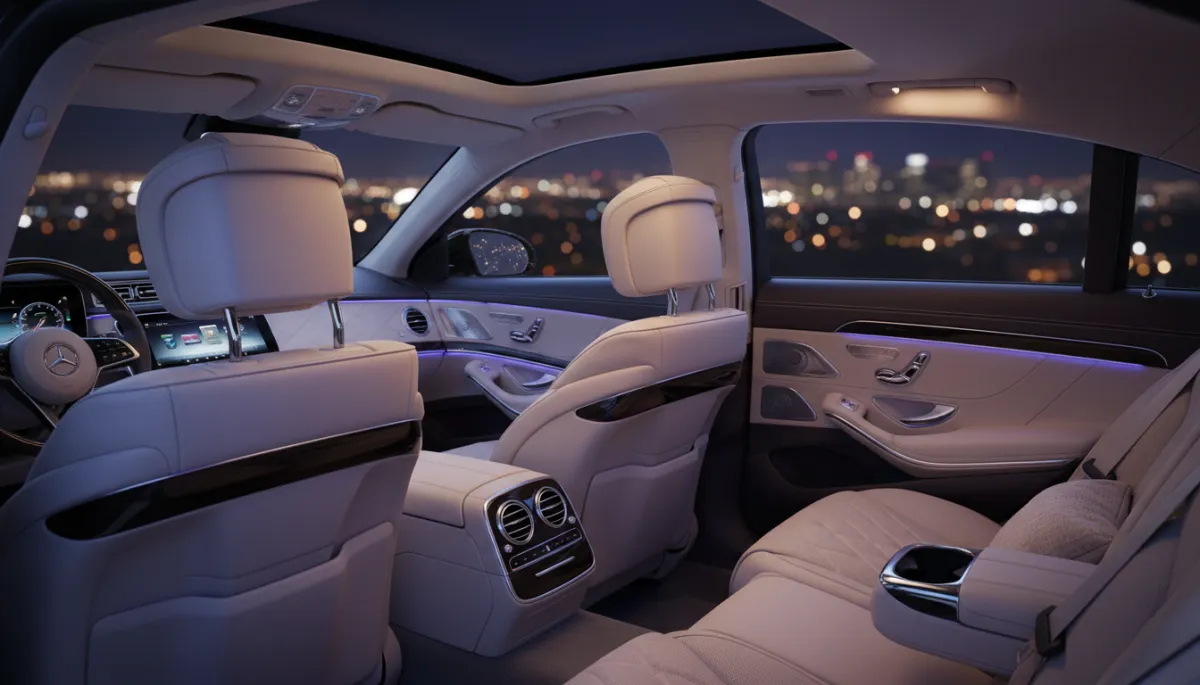 Rear interior of a Mercedes-Benz S-Class with ambient lighting at night in Los Angeles