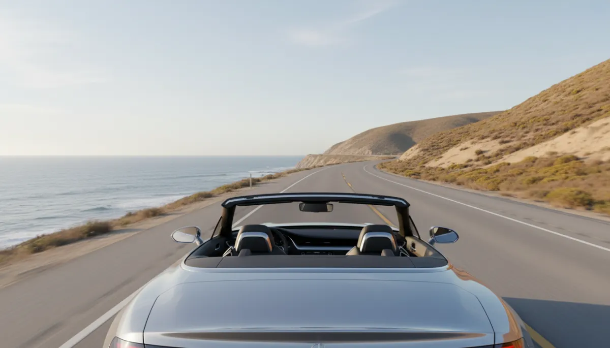Convertible driving from Santa Monica toward Malibu along the coast