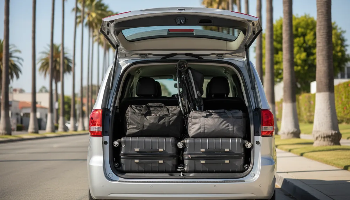 Spacious minivan trunk holding multiple suitcases and a stroller with the third row in use