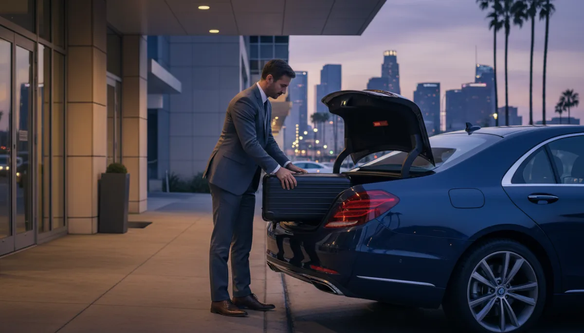 Business traveler loading luggage into a luxury sedan at a Los Angeles hotel