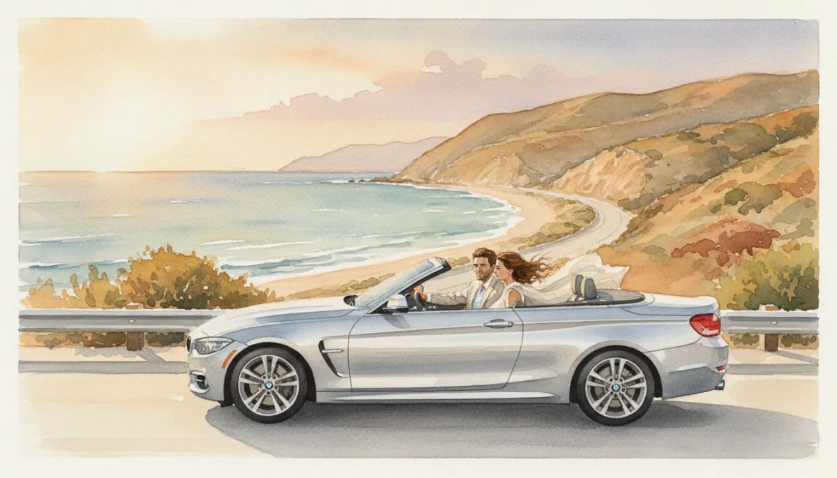 Convertible driving along the Malibu coast at sunset