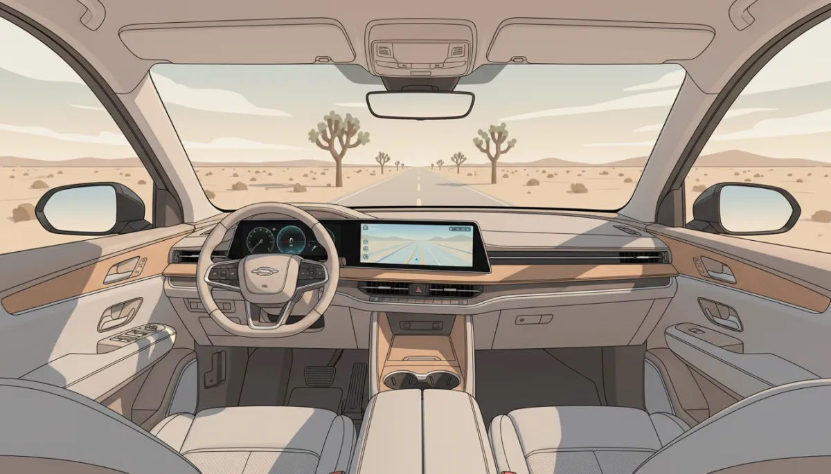 Comfortable hybrid SUV driving toward Joshua Tree on a desert highway