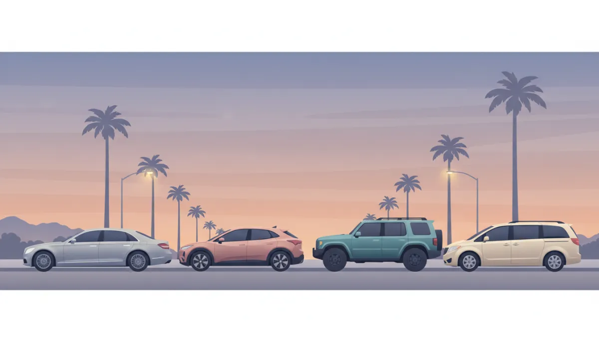 Lineup of different vehicle types suited for extended stays in Los Angeles