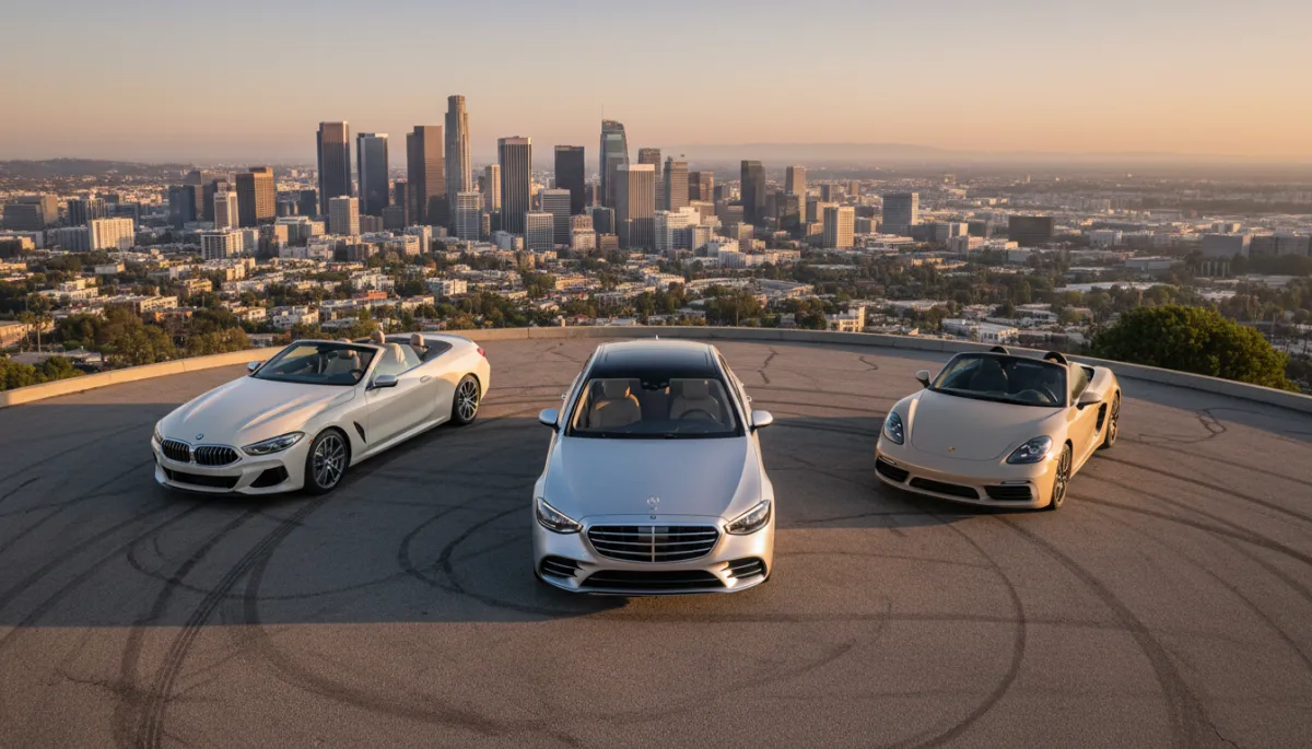professional photorealistic view from above of three parked cars in neutral tones on a scenic Los Angeles overlook at golden hour, one flagship luxury sedan, one four‑seat convertible with top down, and one two‑seat roadster, city skyline and hills in soft background professional photorealistic view from above of three parked cars in neutral tones on a scenic Los Angeles overlook at golden hour, one flagship luxury sedan, one four‑seat convertible with top down, and one two‑seat roadster, city skyline and hills in soft background