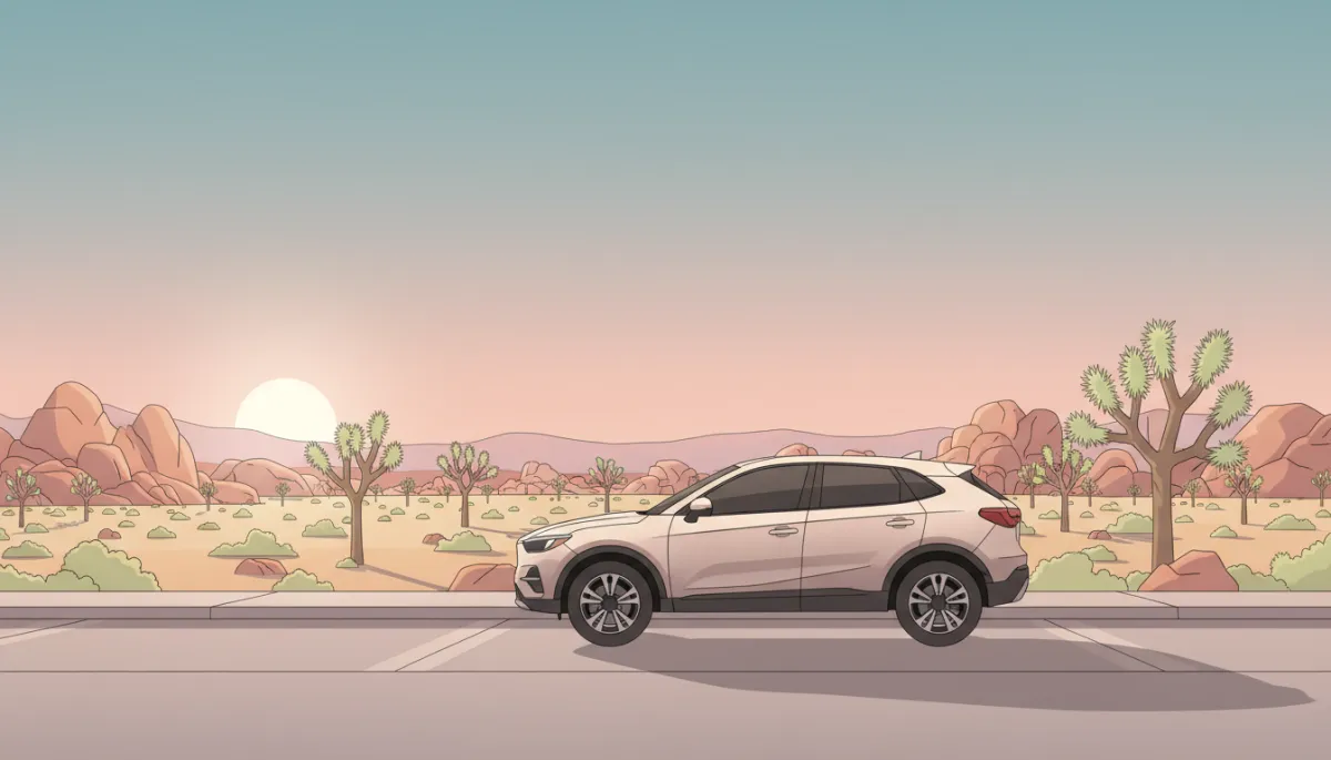 Crossover SUV parked at a scenic overlook on a paved pullout inside Joshua Tree National Park