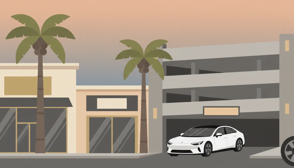 Rental car entering an upscale Los Angeles parking garage near shops Rental car entering an upscale Los Angeles parking garage near shops