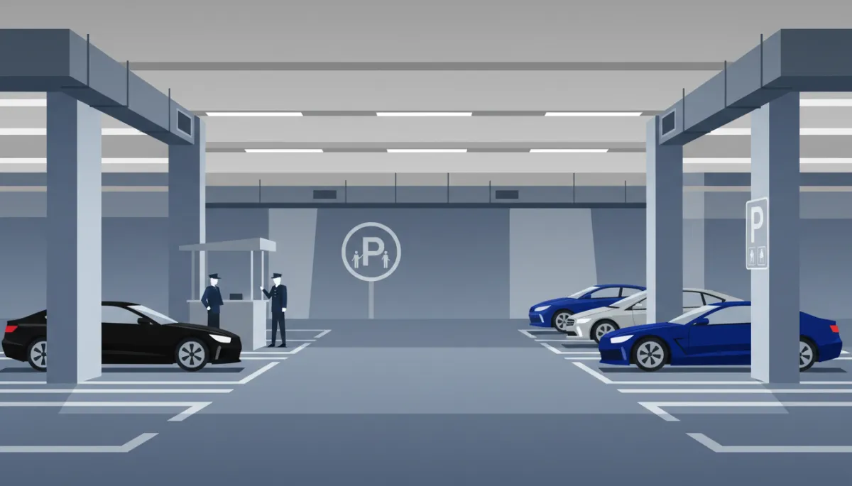 Premium rental cars parked in a Los Angeles hotel garage Premium rental cars parked in a Los Angeles hotel garage