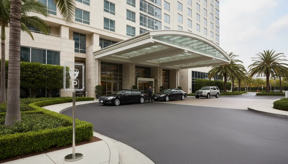 Hotel entrance in Los Angeles with driveway and valet parking sign Hotel entrance in Los Angeles with driveway and valet parking sign