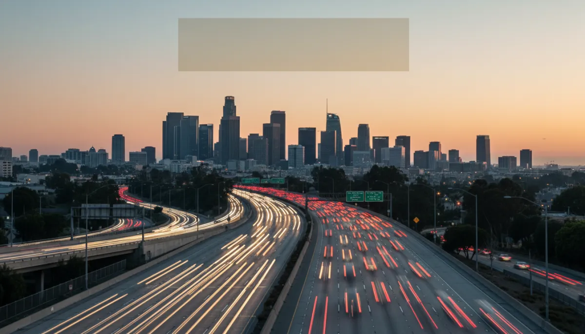professional wide-angle view of Los Angeles freeway at golden hour with cars flowing toward downtown skyline, neutral color palette and clear sky, subtle text overlay space in sky area