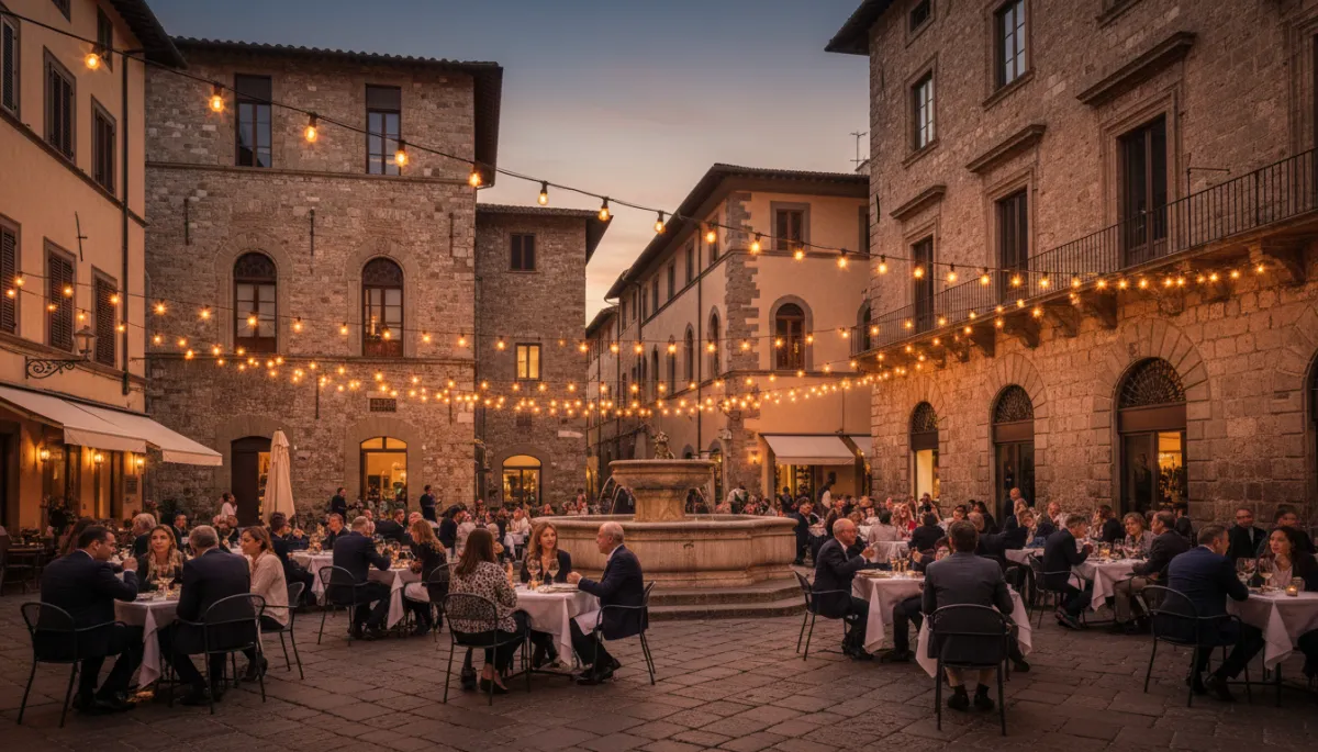 People dining outdoors in an Italian piazza at dusk
