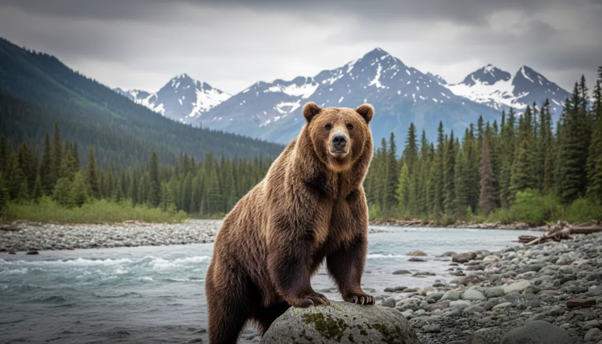 Alaska brown bear near a river with mountains in the background