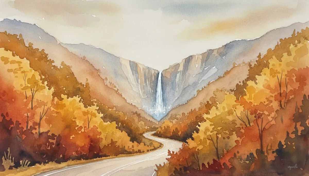 Scenic American mountain highway surrounded by colorful autumn foliage and distant waterfall Scenic American mountain highway surrounded by colorful autumn foliage and distant waterfall