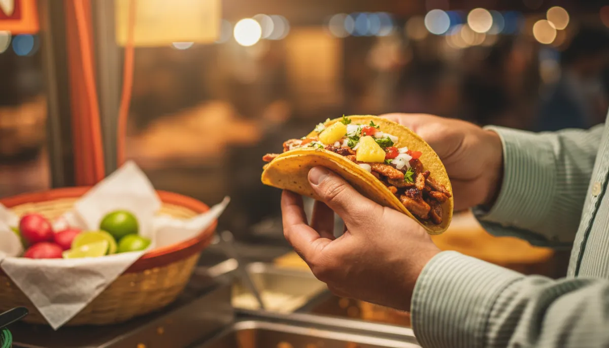 Hand holding a taco al pastor in a lively Mexico City street food market Hand holding a taco al pastor in a lively Mexico City street food market