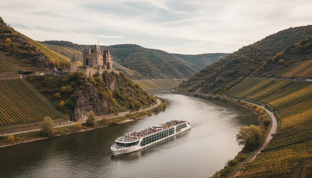 Cruise ship passing a castle and vineyards along a narrow river gorge Cruise ship passing a castle and vineyards along a narrow river gorge