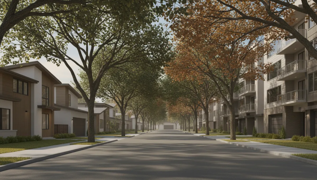 Street view of Walnut Creek neighborhood with both single-family homes and condos