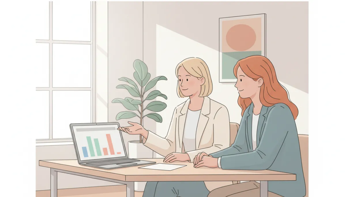 Real estate agent explaining pricing scenarios for different selling years