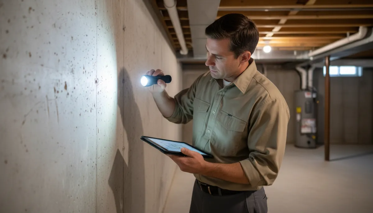 Home inspector checking a basement foundation wall with a flashlight