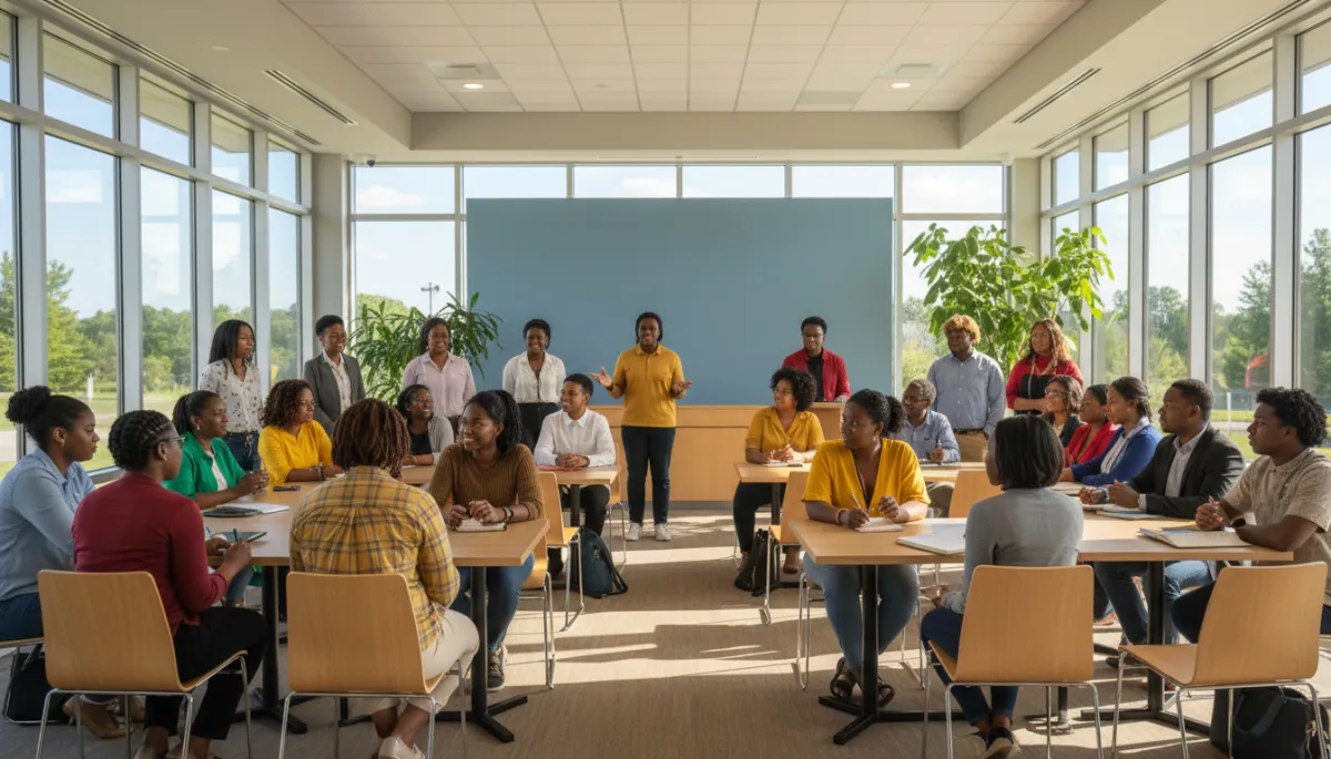 photorealistic, bright modern community meeting in Ellenwood, Georgia, with a diverse group of Black and brown residents seated and standing in a sunlit town hall, some speaking at a microphone, others nodding and taking notes, large windows with natural light, modern chairs and tables, hopeful and engaged atmosphere