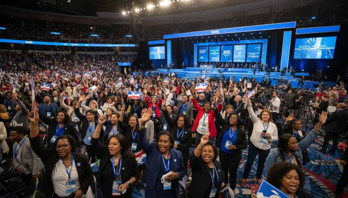 bright photorealistic scene of a modern Democratic National Convention floor with diverse, majority-Black and multiracial delegates waving signs and wearing credential badges, large blue stage with 2028 Democratic National Convention branding, cameras and media platforms visible, well-lit arena interior