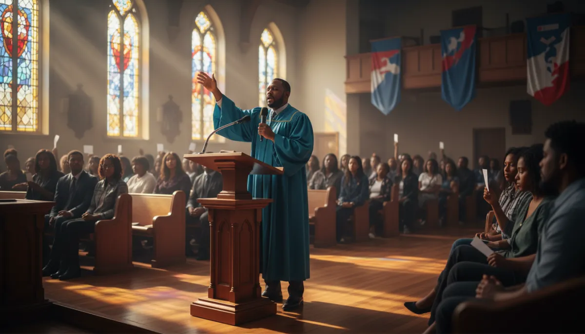 bright photorealistic scene inside a modern Black church in Atlanta, sunlight streaming through tall windows, a Black pastor in a robe standing at a wooden pulpit with a microphone, gesturing passionately as he preaches about voting rights, congregation of Black adults and young people listening intently, some holding voter information cards and smartphones, banners about democracy and voting visible in the background
