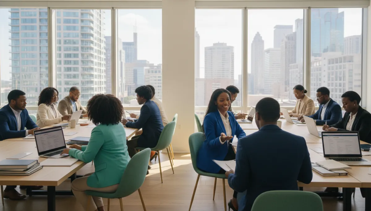 photorealistic bright modern-day scene of Black professionals in Atlanta in a job search context, diverse Black men and women in business attire sitting with laptops and resumes in a sunlit coworking space, recruiter speaking with a candidate, large windows showing a contemporary city skyline