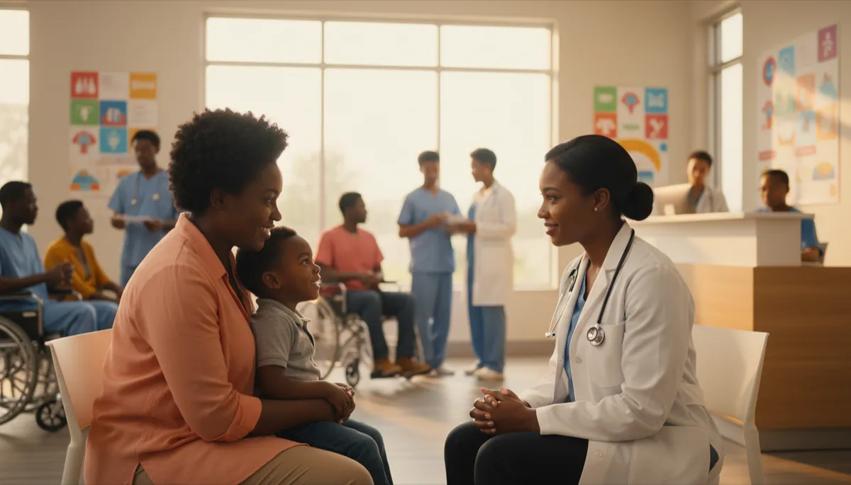 realistic bright cinematic modern scene of a Black woman doctor in a white coat sitting with a Black mother and her young son in a sunlit community clinic, warm colors, hopeful expressions, diverse Black patients and staff in the background, healthcare posters on the wall