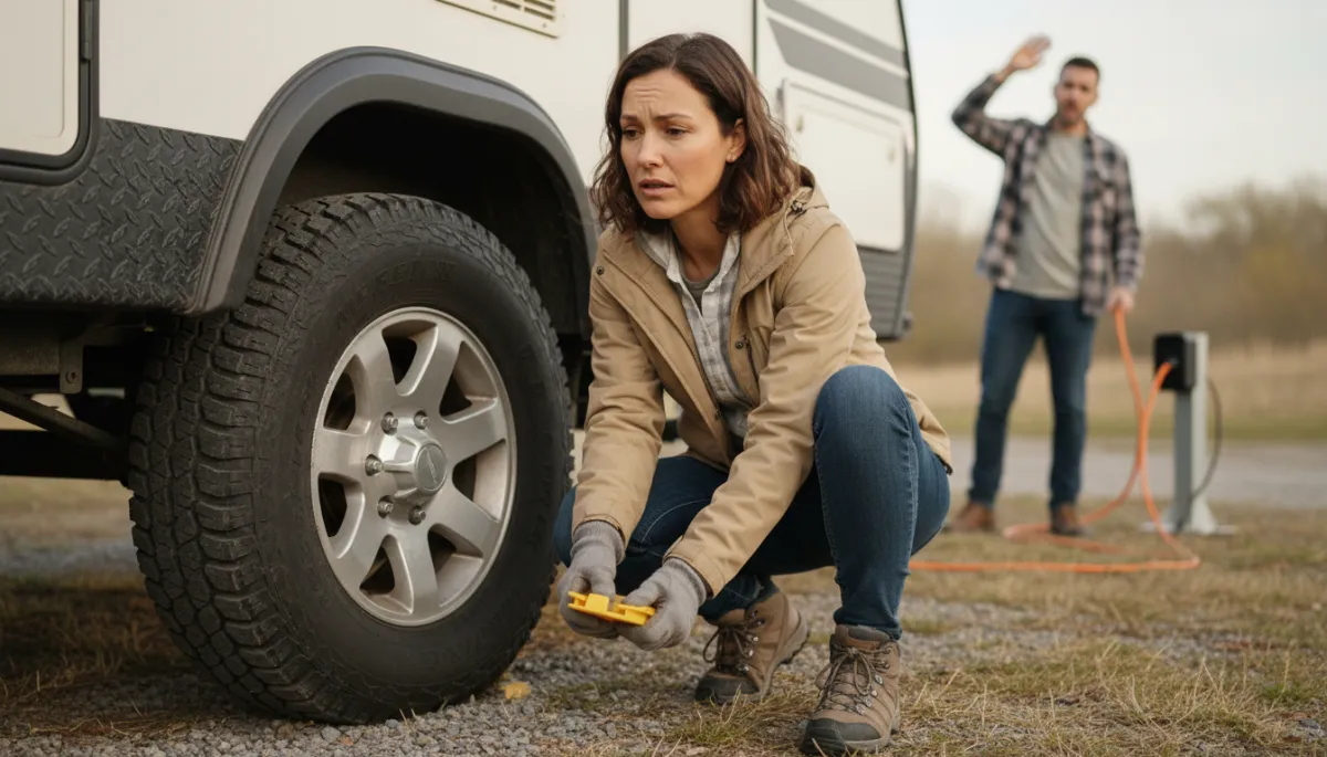 Woman hesitating to place a wheel chock beside caravan wheel Woman hesitating to place a wheel chock beside caravan wheel
