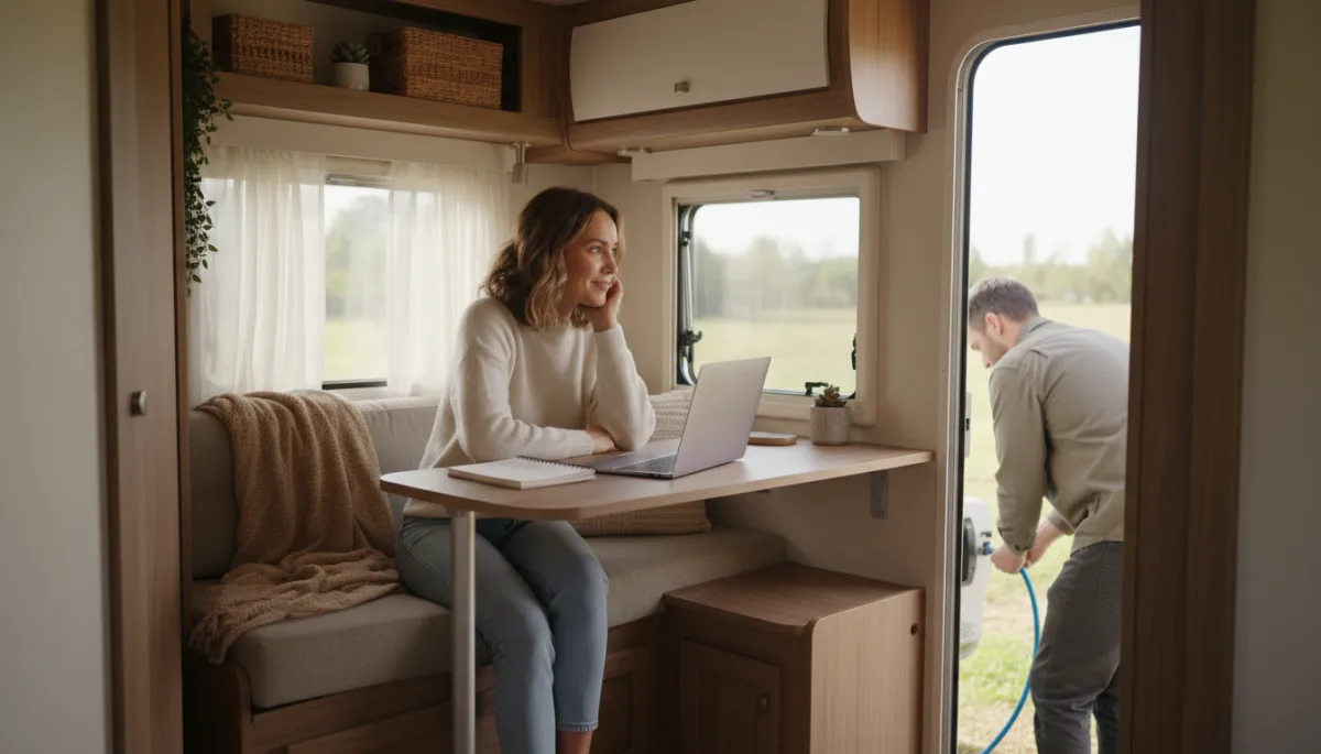 Woman reflecting at caravan table while partner connects water outside Woman reflecting at caravan table while partner connects water outside