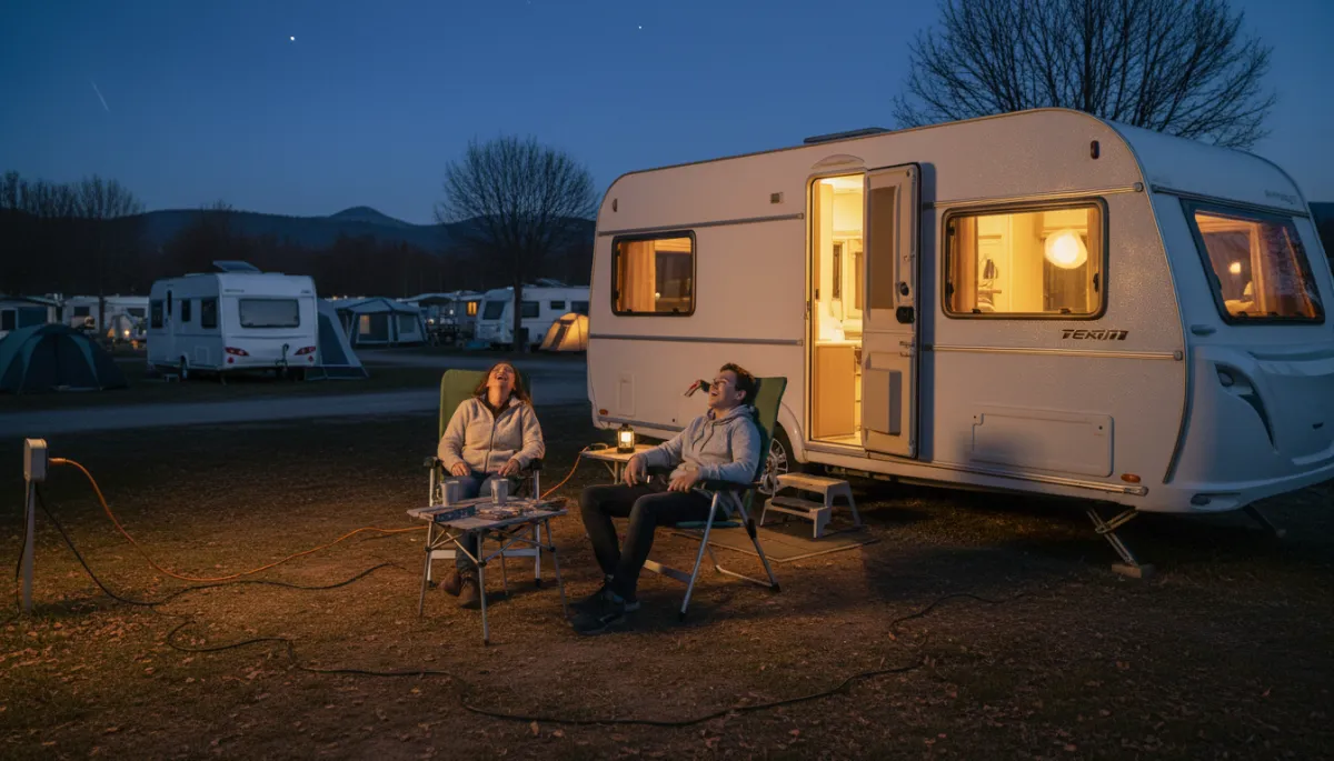 Caravan set up in the evening with family relaxing outside Caravan set up in the evening with family relaxing outside