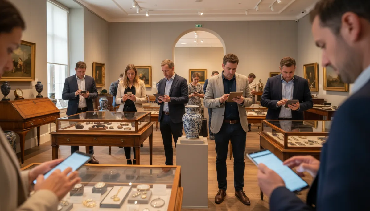 professional neutral-toned photo of bidders using smartphones and tablets to place online bids while previewing antiques in a well-lit auction gallery