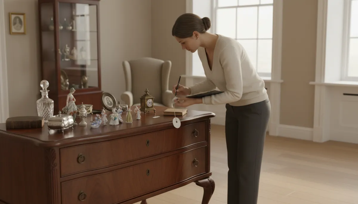 Auction specialist cataloging antiques and household items for an estate sale