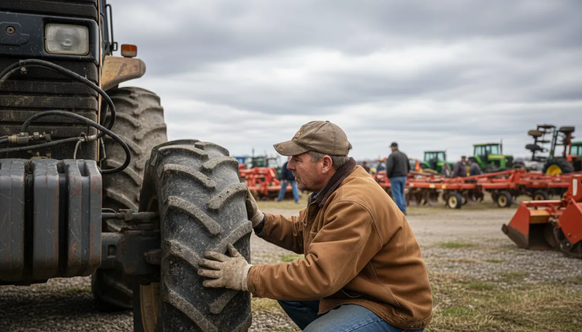 professional neutral-tone photo of a farmer in a Carhartt jacket closely inspecting a used tractor tire and hydraulics at an outdoor auction lot, cloudy sky typical of Western New York