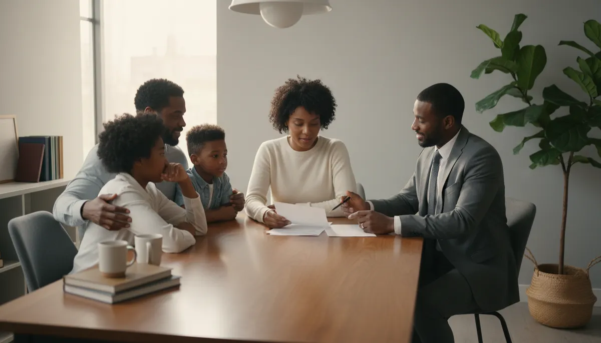A photorealistic, high-quality image of a Black family gathered around a dining table in a warmly lit, modern home. The mother sits at the table, attentively reviewing life insurance documents with a licensed financial professional, who is also present at the table. The family includes a father and two children, all engaged and listening, creating an atmosphere of trust and reassurance. The scene is captured in soft natural light, with neutral-toned decor and a calm, professional mood, emphasizing the importance of protecting loved ones through thoughtful financial planning.
