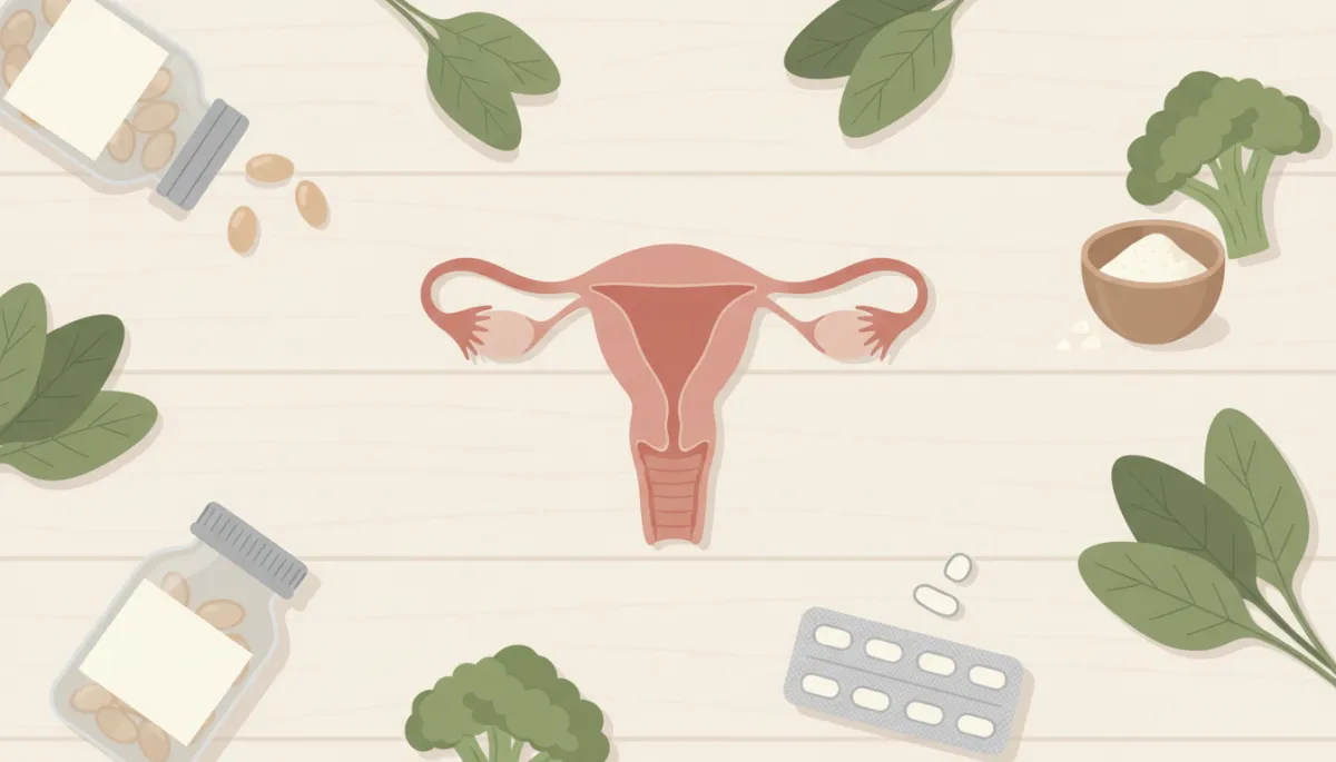 Illustration of supplements, healthy foods, and a diagram of the female reproductive system