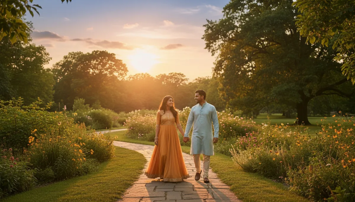 Indian couple walking together in a park, feeling hopeful after IVF failure