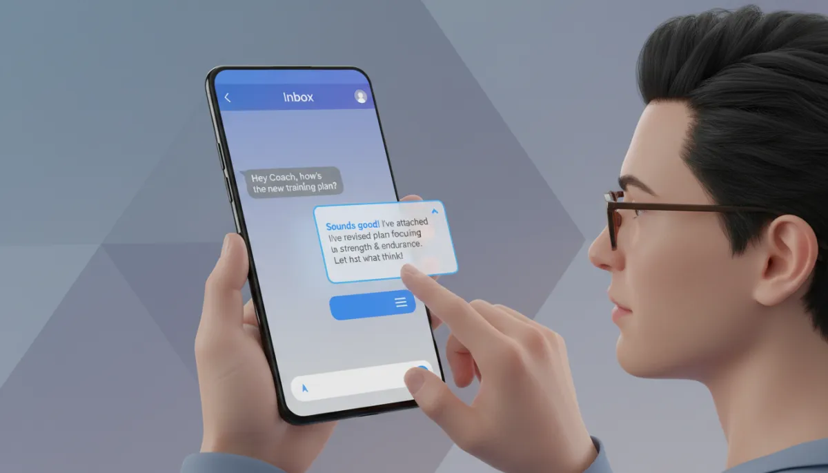 Coach reviewing AI-generated reply suggestion in an Android inbox conversation Coach reviewing AI-generated reply suggestion in an Android inbox conversation