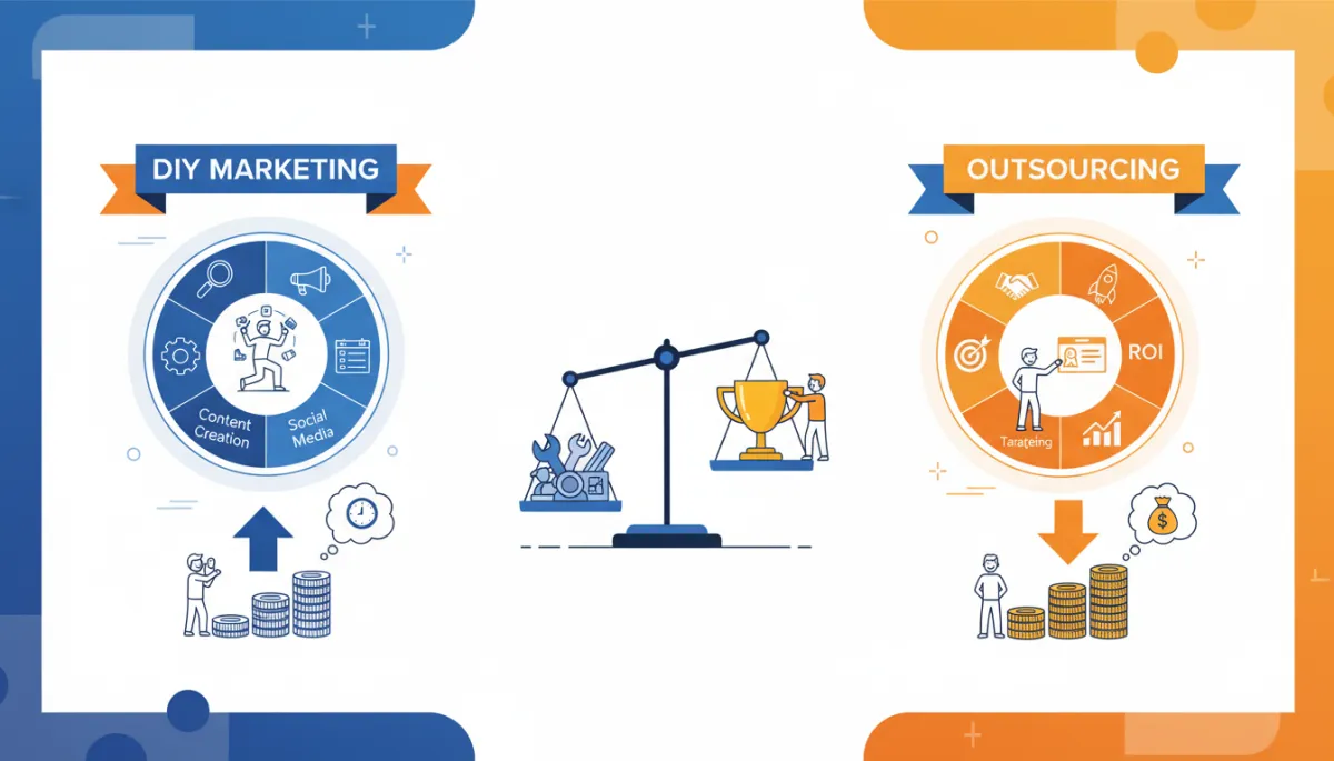 An illustrated comparison of the cost of DIY marketing versus outsourcing for coaches and consultants, using a vibrant blue and orange color theme for charts, icons, and figures.