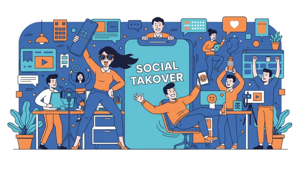 A comedic, bold flat illustration of employees creating social content together in a lively office, with a strong blue and orange palette. Show playful workplace antics like someone dramatically posing for a selfie, another spinning in a chair, and a manager peeking over a giant phone prop. Exaggerate the fun energy and add humorous details that reflect staff personality. A comedic, bold flat illustration of employees creating social content together in a lively office, with a strong blue and orange palette. Show playful workplace antics like someone dramatically posing for a selfie, another spinning in a chair, and a manager peeking over a giant phone prop. Exaggerate the fun energy and add humorous details that reflect staff personality.