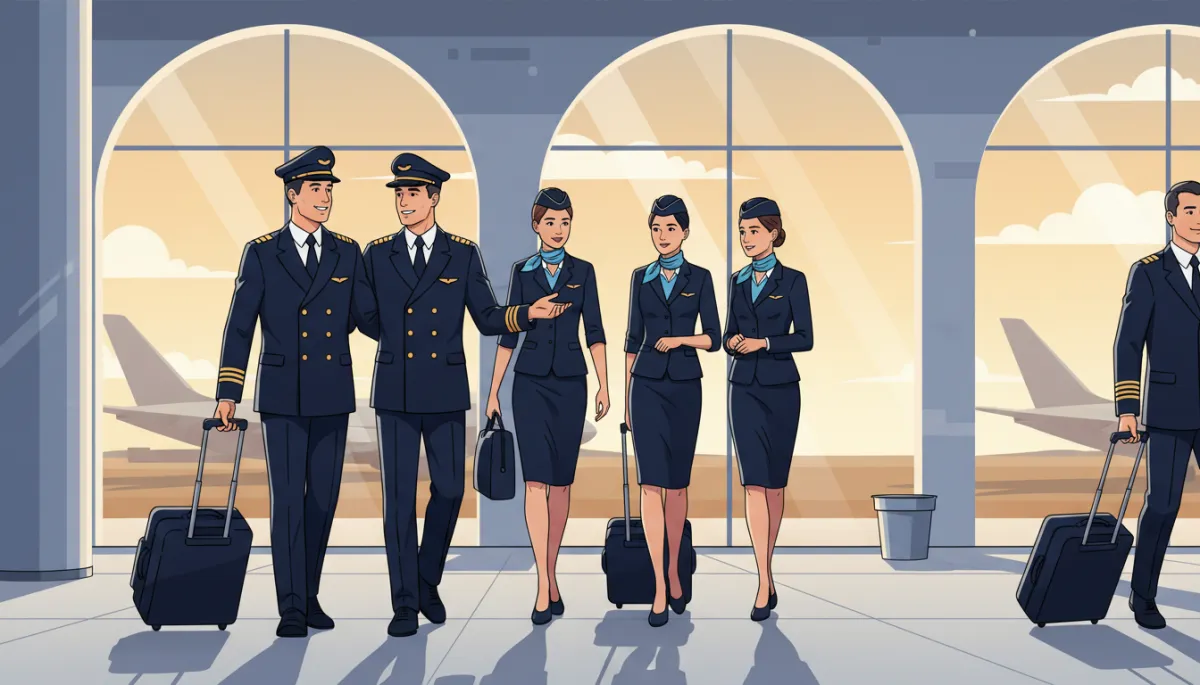 A group of airline crew members, including pilots and flight attendants, walking together through an airport terminal, conveying teamwork and the airline environment. A group of airline crew members, including pilots and flight attendants, walking together through an airport terminal, conveying teamwork and the airline environment.