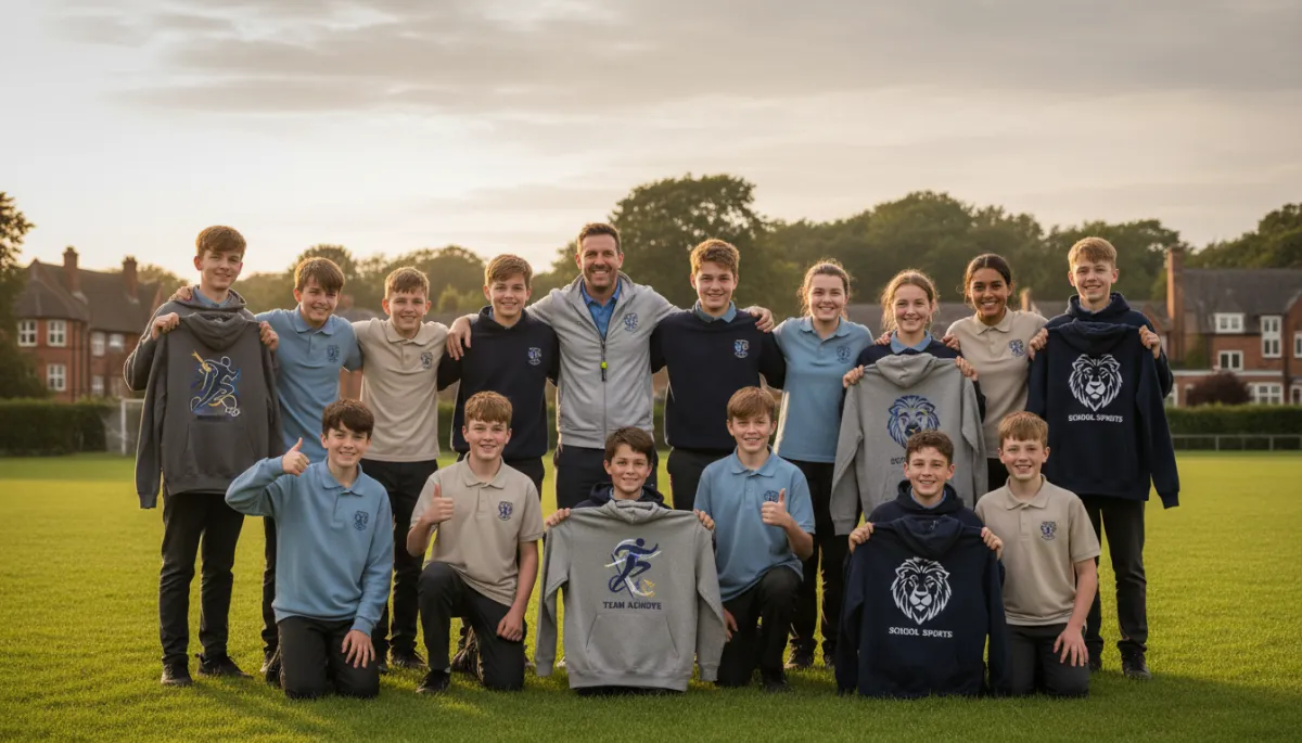 photorealistic group of UK secondary school students and a coach on a sports field, some wearing custom hoodies with embroidered chest logos, others holding up hoodies showing large printed back designs, mix of polo shirts and hoodies, neutral colour palette, natural daylight, professional UK school setting