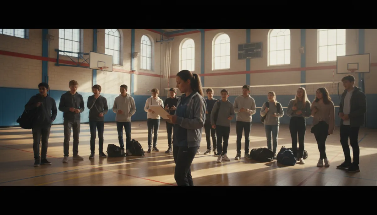 photorealistic UK school sports hall, female teacher in her 30s holding a clipboard and checking a list, teenagers chatting in the background in everyday clothes, vibrant but natural lighting, no visible logos