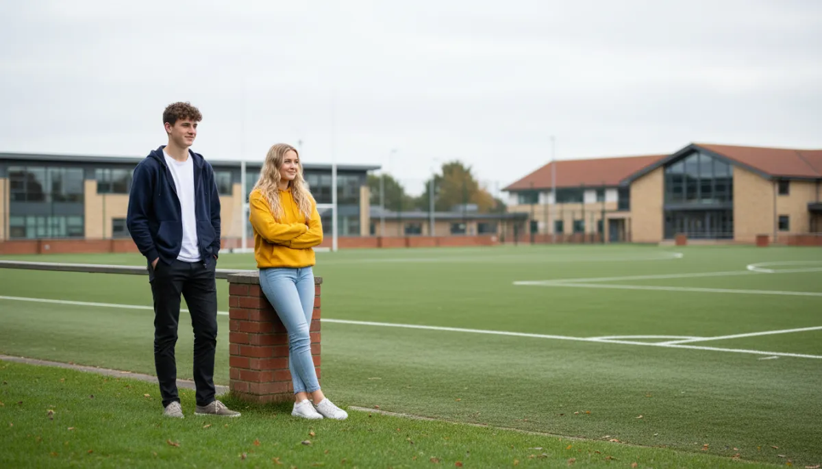 photorealistic scene of two sixth-form students in a UK school grounds, one wearing a solid-colour zip-up hoodie and the other a solid-colour pullover hoodie, both unbranded, relaxed posture near a sports pitch on an overcast but bright day