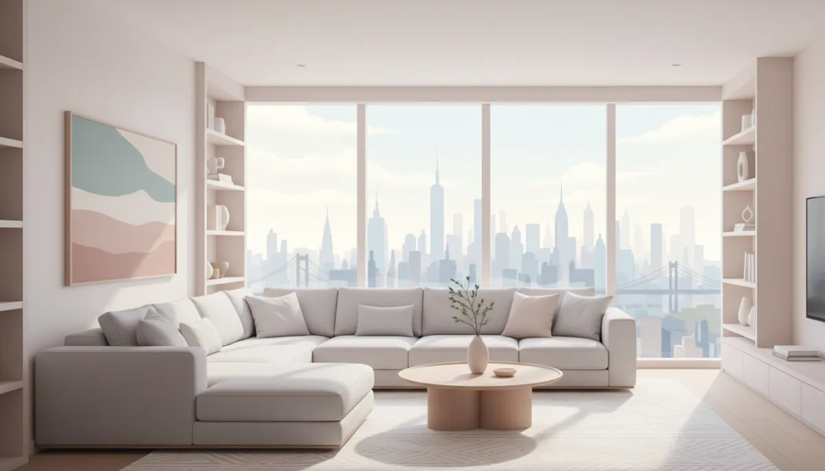 Professional interior view of a luxury Manhattan condo living room