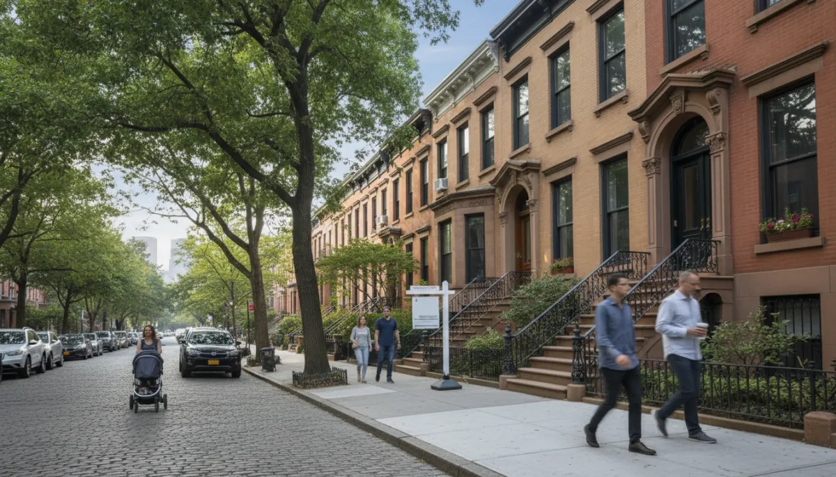Professional street view of Brooklyn brownstones with a for-sale sign Professional street view of Brooklyn brownstones with a for-sale sign