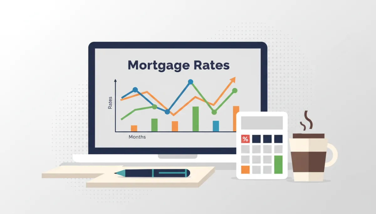 Laptop displaying a mortgage rate trend chart alongside financial planning tools Laptop displaying a mortgage rate trend chart alongside financial planning tools