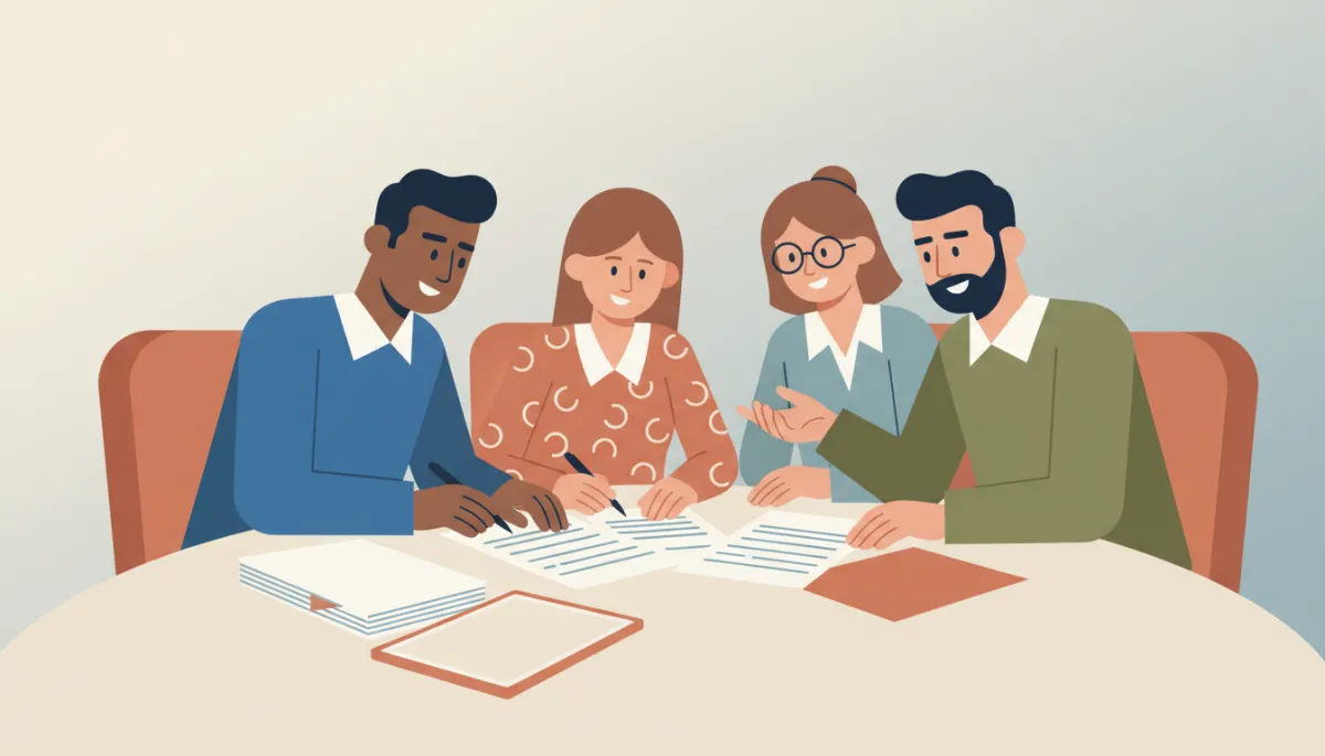 First-time buyers signing closing documents with their real estate team First-time buyers signing closing documents with their real estate team